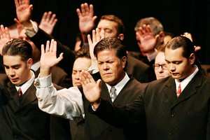 Bishop Brian Tamaki with other pastors from Destiny church during his anointing. Photo / Chris Skelton
