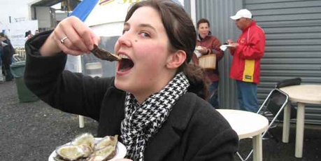 Eveline Jenkin samples the stars of the show at Bluff's world-famous-in-NZ Oyster and Food Festival. Photo / Eveline Jenkin