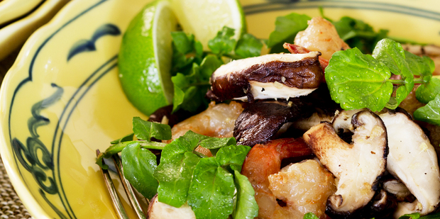 Shitake mushroom salad with prawns, ginger and ponzu. Photo / Babiche Martens