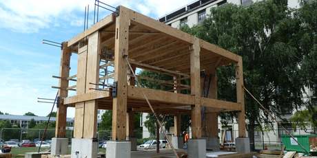 Expan produces engineered timber structural beams, frames, columns and joists as an alternative to steel and concrete. Photo / Supplied