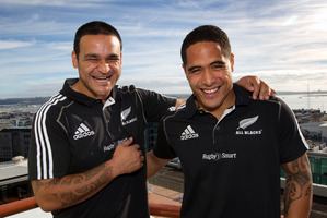 Piri Weepu (left) with newly selected All Black Aaron Smith. Photo / Brett Phibbs