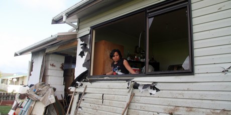 Chastity Tahu Tecklanburg surveys the damage caused by Kaitaia teen Nathan Rawiri. Photo / Sue Ferens