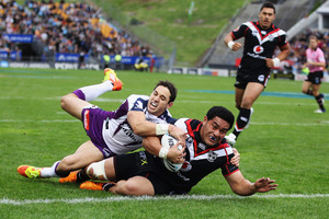 Konrad Hurrell of the Warriors scores against the Melbourne Storm at Mt Smart Stadium. Despite leading at halftime, the team plunged to their seventh defeat from 12 matches. Photo / Getty Images
