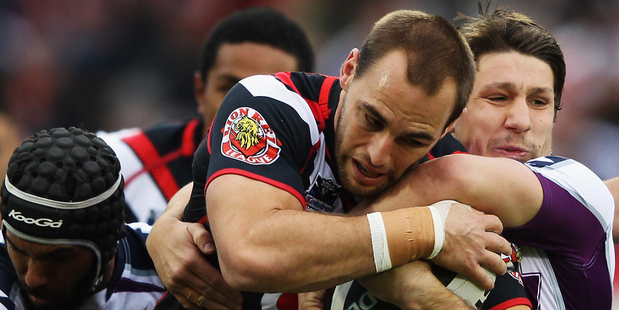 Simon Mannering of the Warriors charges forward during the round 13 NRL match between the New Zealand Warriors and the Melbourne Storm at Mt Smart Stadium. Photo / Getty Images.