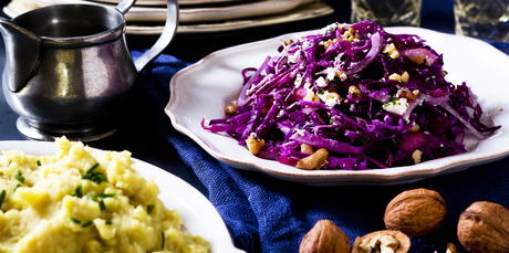 Warm red cabbage, goat cheese and walnut salad with creamed kumara. Photo / Babiche Martens