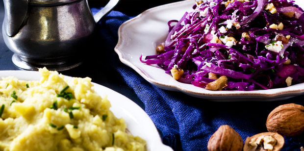Warm red cabbage, goat cheese and walnut salad with creamed kumara. Photo / Babiche Martens