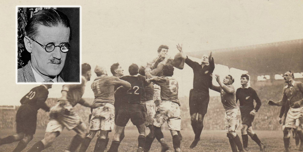 The Paris match between the All Blacks and a French Selection at Colombes Stadium in 1925 had an inquisitive spectator in the form of James Joyce (inset). Picture / AP