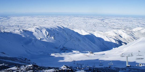 Mt Hutt skifield, with the snow-dusted Canterbury Plains in the distance. Photo / Supplied