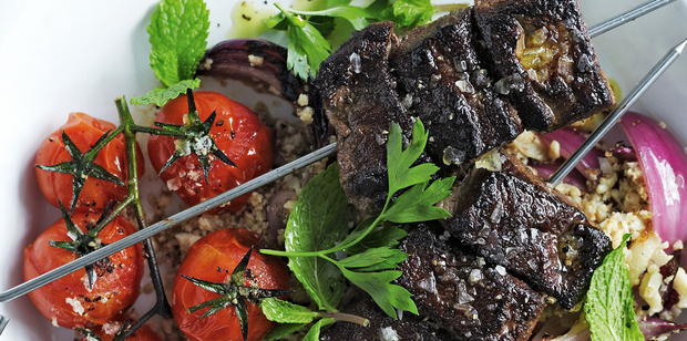 Lamb kebabs with cauliflower couscous. Photo / Anson Smart