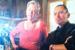 Painting of Maggie Beer (left) from her Cook and Chef Food TV series. Photo / Grant Allen