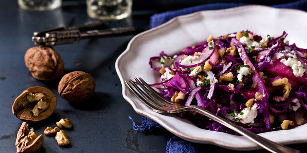 Warm red cabbage, goat cheese and walnut salad. Photo / Babiche Martens