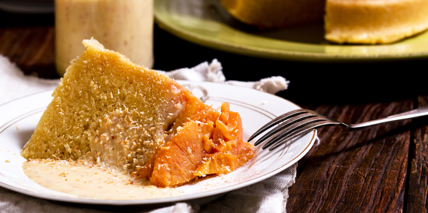 Persimmon steamed pudding with coconut anglaise. Photo / Babiche Martens