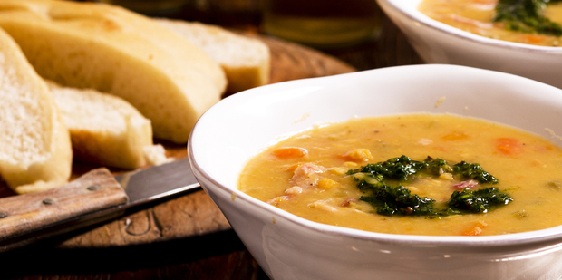 Ham hock and lentil soup with harissa. Photo / Babiche Martens