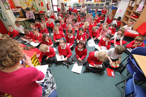 Pupils in a supersized class in Bure Valley Junior school in Norfolk, England. Photo / Neil Sinclair