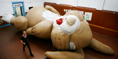 A massive inflatable rabbit which is lying on the floor at the Maori Hall in Newton and is part of an art exhibition by Michael Parekowhai. Photo / Greg Bowker