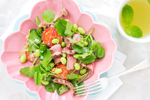 Seared beef salad with mirin and tamari dressing. Photo / Babiche Martens