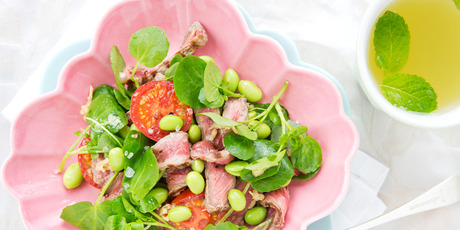 Seared beef salad with mirin and tamari dressing. Photo / Babiche Martens Seared beef salad with mirin and tamari dressing. Photo / Babiche Martens