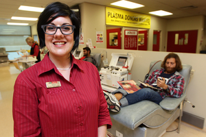 NZ Blood Service nurse Kerry Chamberlain at her happy place at work. Photo / Doug Sherring