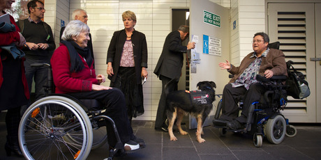 Len Brown and Dr Huhana Hickey discover the difficulty of accessing 280 Queen St by wheelchair. Picture / Greg Bowker.