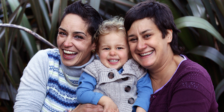 Janine Chester and Anja Otto with their daughter, Tia Chester-Otto. Photo / Doug Sherring