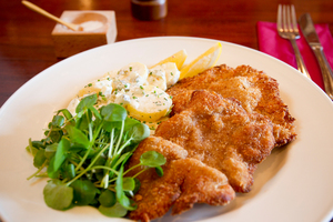 Veal schnitzel at Ella Cafe & Lounge. Photo / Greg Bowker