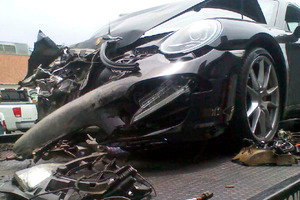 Lindsay Lohan's crashed Porsche after it collided with a truck on Pacific Coast Highway in Santa Monica. Photo / AP