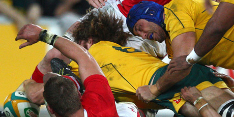 Nathan Sharpe, right, in action for the Wallabies against Wales. Photo / AP.