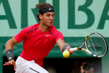 Spain's Rafael Nadal on his way to victory against Serbia's Novak Djokovic. Photo / AP