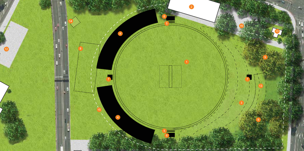 A concept landscape plan for the proposal to turn Victoria Park in Downtown Auckland into a cricket test venue. Picture / supplied