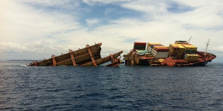 File photo taken of the Rena in March, 2012. Rena's battered skeleton makes a sorry sight after months of being hammered by the sea.