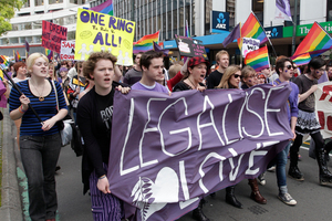 Legalise Love protesters, calling for gay marriage and adoption to be legallised, marching along Lambton Quay in Wellington. Photo / Mark Mitchell
