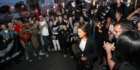 Are these the dying days of the 'live cross' ? One News reporter Kim Vinnell live in downtown Tauranga during the Rugby World Cup final game festivities. Photo / Bay of Plenty Times