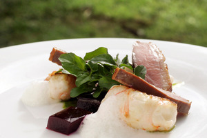 Entree: Tea and vanilla smoked duck and roast scampi with beetroot jelly and orange and almond foam at Bracu Restaurant. Photo / Janna Dixon