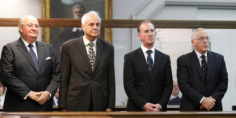 Lombard Finance directors, from left, Lawrence Bryant, William Jeffries ,Michael Reeves and Sir Douglas Graham in the dock during their sentencing at the High Court in Wellington. Photo / APN