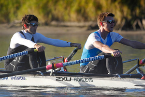 Storm Uru (left) and Peter Taylor (right) cruised to a heat win in the men's lightweight double sculls. Photo / Christine Cornege.