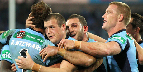 New South Wales players celebrate a try in State of Origin II. Photo / Getty Images