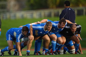 Owen Franks, Andrew Hore and Tony Woodcock pack down in training ahead of the third test. Picture / Getty Images.