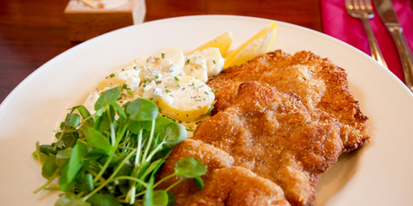 Veal schnitzel at Ella Cafe & Lounge. Photo / Greg Bowker Veal schnitzel at Ella Cafe & Lounge. Photo / Greg Bowker