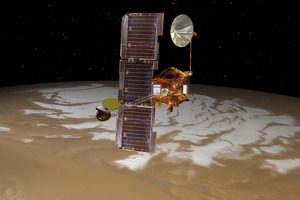 The Mars Odyssey spacecraft passes above Mars' south pole. Photo / Supplied