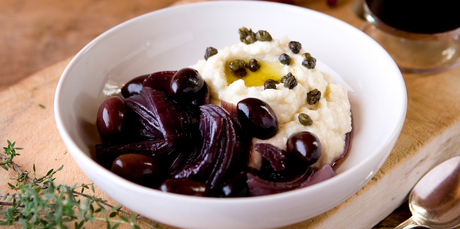 Red onions with olives, skordalia and fried capers. Photo / Babiche Martens
