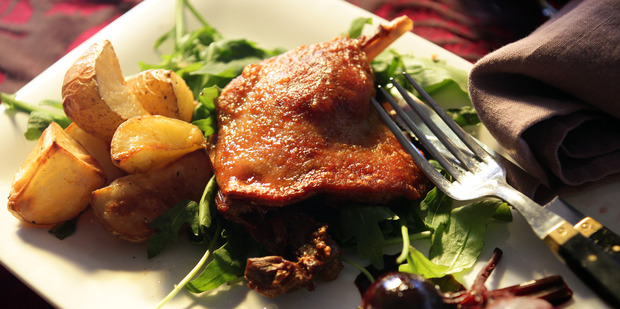 Boiled baby beets and crispy lettuce are a perfect match for duck confit. Photo / Doug Sherring