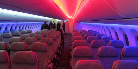 Boeing's 787 Dreamliner has electronic dimmable windows, vaulted ceilings, larger overhead compartments than other aircraft and mood lighting. Photo / Grant Bradley