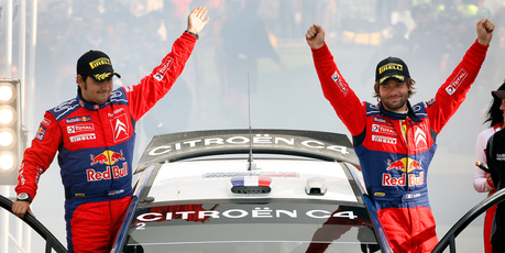 There's a rich history of rallying in New Zealand. Rally winners Citroen Total World Rally Team's Sebastien Loeb (right) and co-driver Daniel Elena at the presentation ceremony in 2008. Photo / File