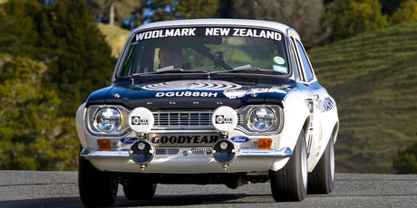 Peter Bryan driving his restored ex-Mike Marshall Ford Escort rally car. Photo / Brad Lord