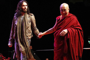 Russell Brand meets the Dalai Lama in Manchester. Photo / AP