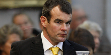 Ewen Kerry Macdonald in the dock on day twelve of his trial for the murder of Feilding farmer Scott Guy. Photo / Mark Mitchell