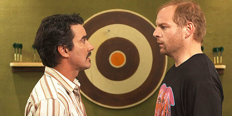Relationship guru Carl (Jonathan Brugh, left) and unlucky-in-love Toby (Richard Falkner) in a scene from How To Meet Girls From A Distance .