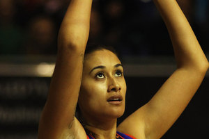 Maria Tutaia of the Mystics shoots during the ANZ Championship netball match at Trusts Stadium on June 11. Photo / Getty Images.
