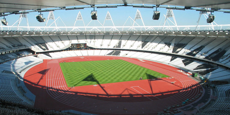 Olympic Stadium in London, with track and turf down. Photo / LOCOG