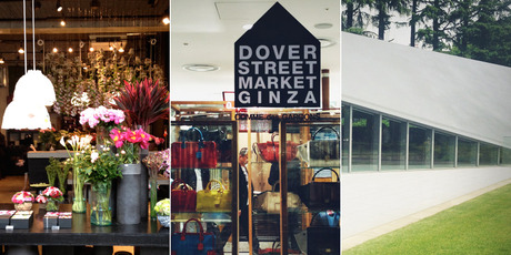 Some of Karen Walker's favourite places in Tokyo (from L-R): Nicolai Bergmann Flowers & Design in Aoyama, Dover Street Market and Canoviano Cafe in Ginza. Photos / Supplied